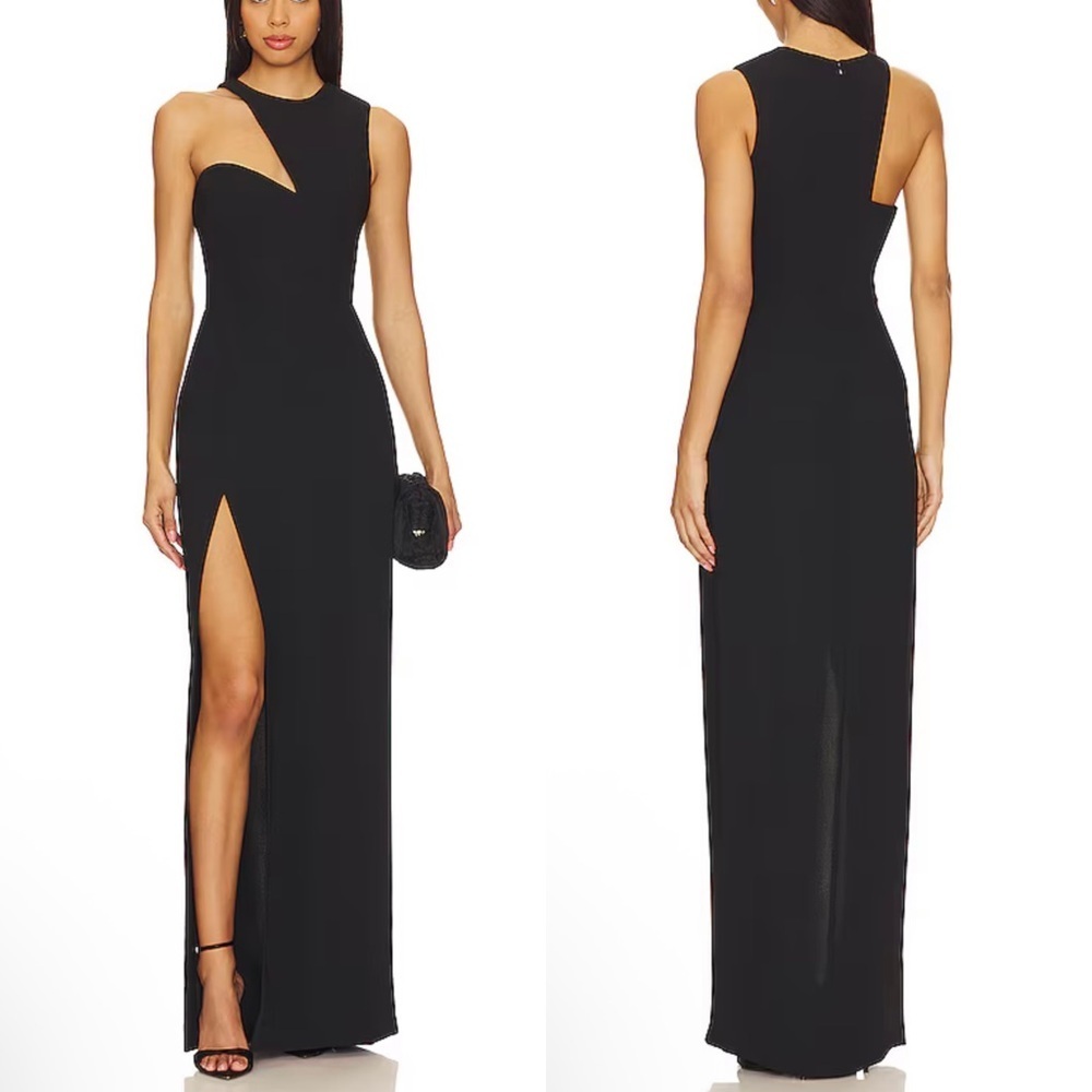 New Amanda Uprichard X Revolve Gilda Gown Black Dress High Leg Slit One Shoulder